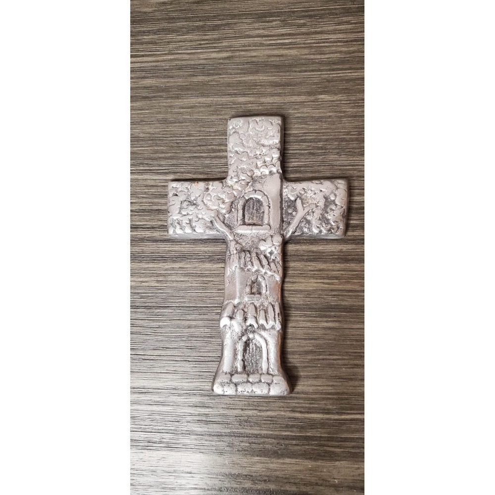 Silver Pewter Village Forest Embossed Decorative Religious Cross Unique